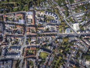 Aerial view, residential area Nordenwall and Oststraße with catholic parish church St. Agnes and