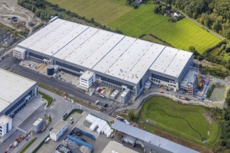 Aerial view, construction site Distribution Park between Trianelstraße and Trianel power plant in