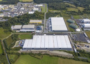 Aerial view, construction site Distribution Park between Trianelstraße and Trianel power plant in