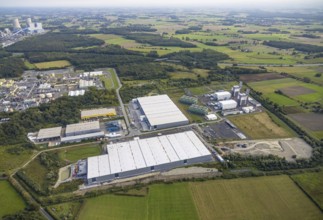 Aerial view, construction site Distribution Park between Trianelstraße and Trianel power plant in