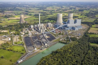 Aerial view, RWE power plant Westfalen and cooling towers in the district Uentrop in Hamm, Ruhr