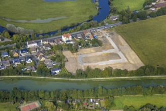Aerial view, construction site and new construction for residential buildings Im Fuchswinkel on
