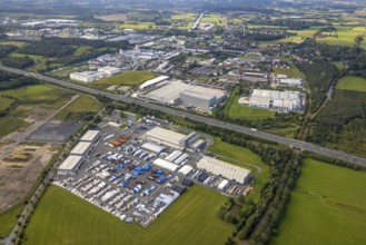 Aerial view, commercial area Siegenbeckstraße at the motorway A2 in the district Uentrop in Hamm,