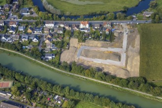 Aerial view, construction site and new construction for residential buildings Im Fuchswinkel on
