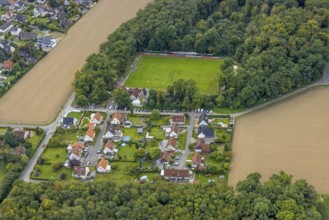 Aerial view, housing estate Am Finnbusch with sports field sports club Westfalia Rhynern in the