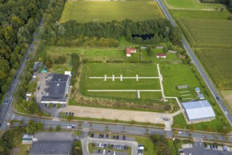 Aerial view, von-Thünen-Halle with archery facility in the district of Rhynern in Hamm, Ruhr area,