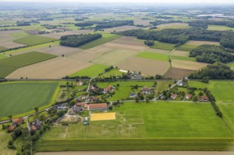 Aerial view, meadows and fields in Süddinker in the district Rhynern in Hamm, Ruhr area, North