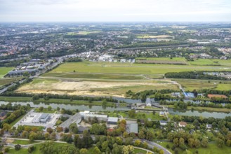 Aerial view, Hamm airfield and construction site for the Lippe floodplain project on the river