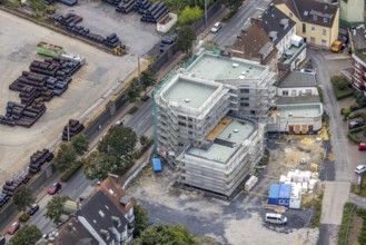 Aerial view, construction site with new building on Wilhelmstraße in the Mitte district of Hamm,