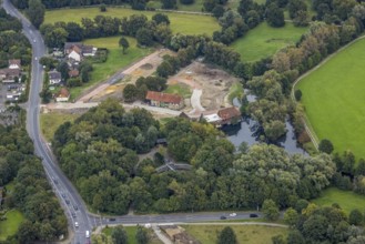 Aerial view, construction site and renovation of the Schlossmühle am Mühlengraben am Mühlenteich in
