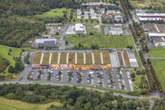 Aerial view, OBI DIY store Sachsenweg in the district Heessen in Hamm, Ruhr area, North