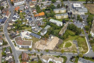 Aerial view, construction area and new construction flats in the urban renewal area on Waldenburger