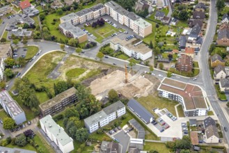 Aerial view, construction area and new construction flats in the urban renewal area on Waldenburger