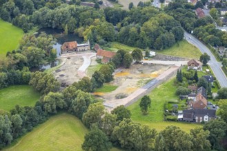 Aerial view, construction site and renovation of the Schlossmühle am Mühlengraben am Mühlenteich in