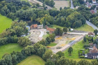 Aerial view, construction site and renovation of the Schlossmühle am Mühlengraben am Mühlenteich in