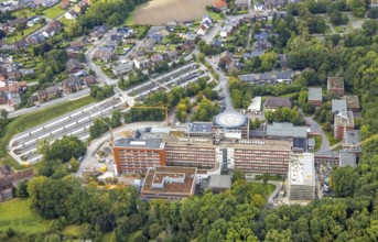 Aerial view, construction site with extension at the St. Barbara Clinic in the district of Heessen