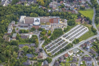 Aerial view, construction site with extension at the St. Barbara Clinic in the district of Heessen