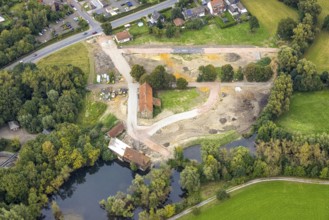 Aerial view, construction site and renovation of the Schlossmühle am Mühlengraben am Mühlenteich in