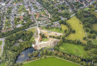 Aerial view, construction site and renovation of the Schlossmühle am Mühlengraben am Mühlenteich in