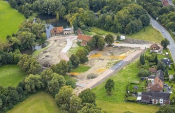 Aerial view, construction site and renovation of the Schlossmühle am Mühlengraben am Mühlenteich in