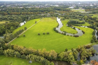 Aerial view, Mühlengraben Meander at the Schlossmühle in the district Heessen in Hamm, Ruhr area,