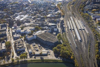 Aerial view, Hamm main station and city centre view Platz der Deutschen Einheit in the district of