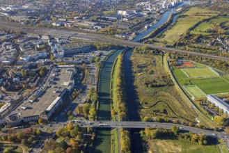Aerial view, Allee-Center and Lippe floodplain at the Datteln-Hamm canal and river Lippe as well as