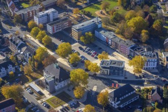 Aerial view, town hall of Heessen on Amtsstraße and redesign of Heessen market in the district of