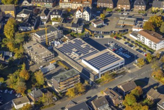 Aerial view, construction site and new building Heessener Gärten at the Aldi supermarket with solar