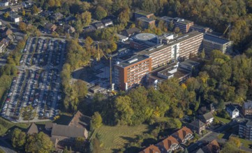 Aerial view, construction site with extension building at the St. Barbara-Klinik Hamm-Heessen in