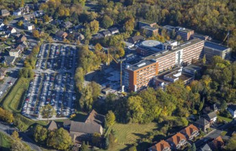 Aerial view, construction site with extension building at the St. Barbara-Klinik Hamm-Heessen in