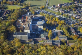 Aerial view, construction site with extension building at the St. Barbara-Klinik Hamm-Heessen in