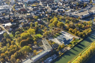 Aerial view, connection between Nordpark and city centre to the water sports centre at the