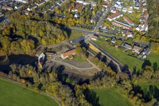 Aerial view, construction site and renovation of the Schlossmühle am Mühlengraben am Mühlenteich in