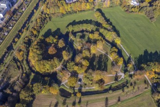 Aerial view, Burghügel Mark surrounded by moats in the district Uentrop in Hamm, Ruhr area, North