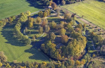 Aerial view, Burghügel Mark surrounded by moats in the district Uentrop in Hamm, Ruhr area, North