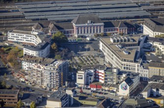 Aerial view, Hamm main station with city centre and construction site with new building at