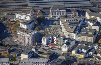 Aerial view, Hamm main station with city centre and construction site with new building at