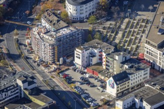 Aerial view, Hamm main station with city centre and construction site with new building at