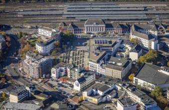 Aerial view, Hamm main station with city centre and construction site with new building at