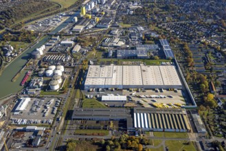 Aerial view, METRO LOGISTICS Germany at the harbour in the district Herringen in Hamm, Ruhr area,