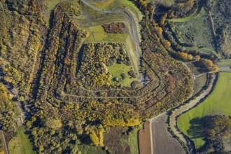 Aerial view, Radbod spoil tip with Radbod spoil tip sign and Alte Lippe in the Bockum-Hövel