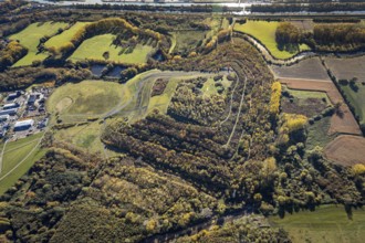 Aerial view, Radbod spoil tip with Radbod spoil tip sign and Alte Lippe in the Bockum-Hövel