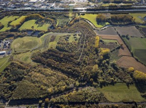 Aerial view, Radbod spoil tip with Radbod spoil tip sign and Alte Lippe in the Bockum-Hövel