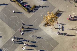 Aerial view, Overbergschule and pupils and cross on the schoolyard in the district Bockum-Hövel in