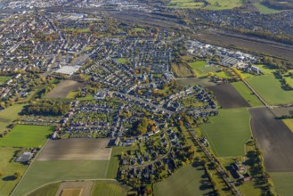 Aerial view, marshalling yard and local view Daberg in the district Pelkum in Hamm, Ruhr area,