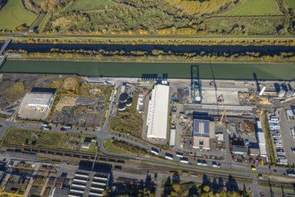 Aerial view, Lanfer Logistics and Maxi Terminal in the harbour in the district Herringen in Hamm,