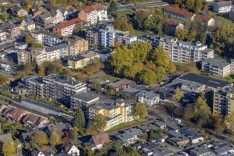 Aerial view, autumnal Pelkumer Platz and housing estate in the district Pelkum in Hamm, Ruhr area,
