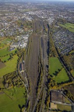 Aerial view, marshalling yard in the Pelkum district of Hamm, Ruhr area, North Rhine-Westphalia,