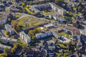 Aerial view, construction area and new construction of flats in the urban renewal area on
